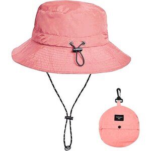 Unisex Pink Nylon Mesh Wide Brim Boonie With Chin Strap Packable Bucket Sun Hat